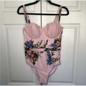 Albion Duchess Pink Floral One-Piece Bustier Underwire Swimsuit - Size Large
